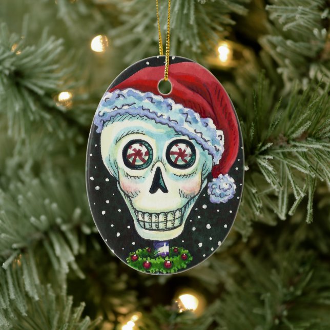 DEAD HEAD SANTA SKULL, CHRISTMAS SKELETON HUMOR CERAMIC TREE DECORATION (Tree)