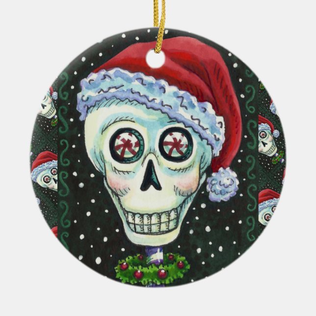 DEAD HEAD SANTA SKULL, CHRISTMAS SKELETON HUMOR CERAMIC TREE DECORATION (Front)