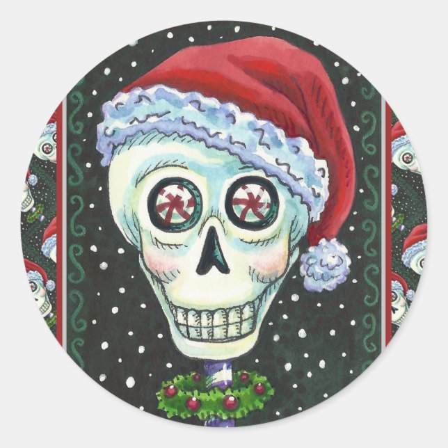 DEAD HEAD SANTA SKULL, CHRISTMAS SKELETON HUMOR CLASSIC ROUND STICKER (Front)