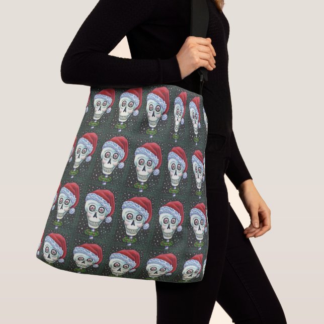 DEAD HEAD SANTA SKULL, CHRISTMAS SKELETON HUMOR CROSSBODY BAG (Close Up)