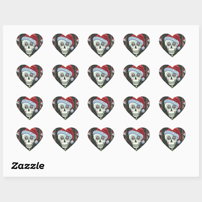 DEAD HEAD SANTA SKULL, CHRISTMAS SKELETON HUMOR HEART STICKER (Sheet)