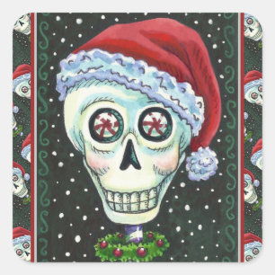 DEAD HEAD SANTA SKULL, CHRISTMAS SKELETON HUMOR SQUARE STICKER