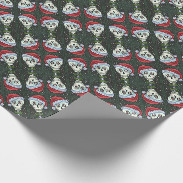 DEAD HEAD SANTA SKULL, CHRISTMAS SKELETON HUMOR WRAPPING PAPER (Corner)