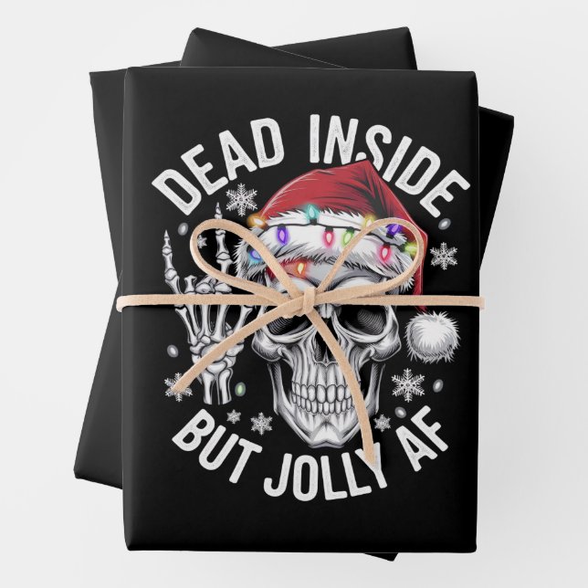 Dead Inside But Jolly AF Christmas Gift Skeleton  Wrapping Paper Sheet (In situ)