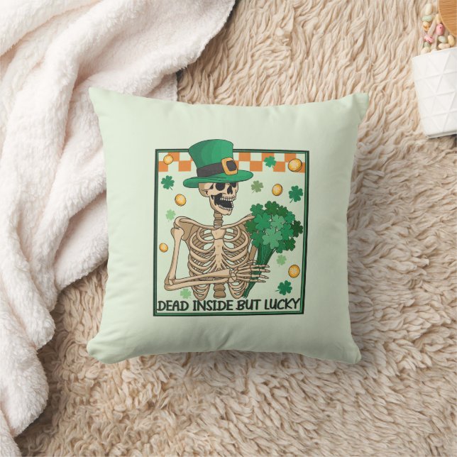 Dead Inside But Lucky - Skeleton Leprechaun Cushion (Blanket)