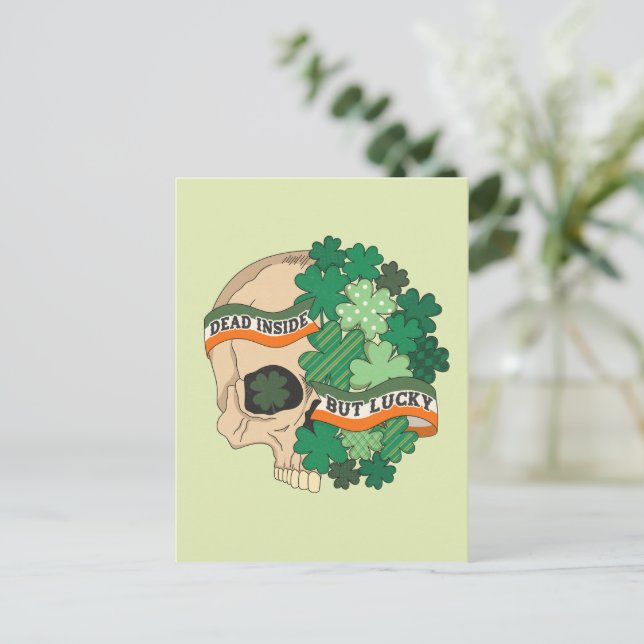 Dead Inside But Lucky - Sugar Skull and Clover Postcard (Standing Front)