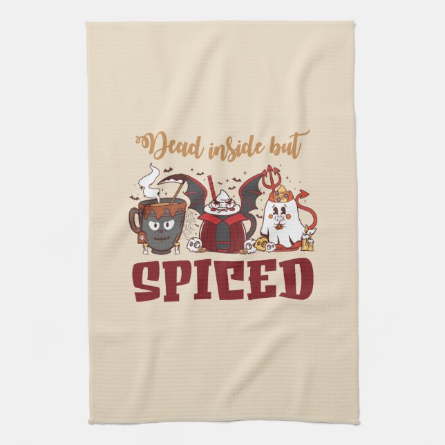 Dead Inside But Spiced – Spooky Halloween Tea Towel (Vertical)