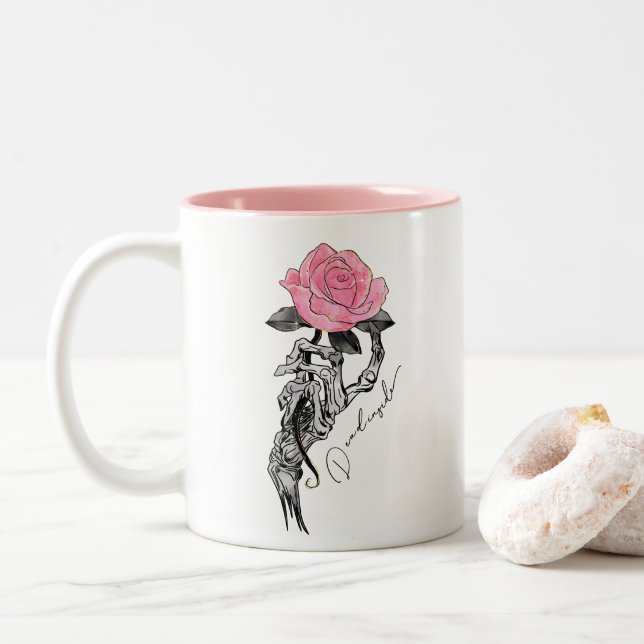 Dead Inside Skeleton Rose  Two-Tone Coffee Mug (With Donut)