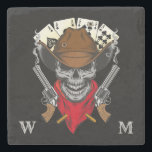 Dead Mans Hand Playing Cards Cowboy Skull Monogram Stone Coaster<br><div class="desc">Cool aces N eights dead man's hand cowboy skull design on quality drink coaster. Put your monogram in the lower corners. Background colour can be changed.</div>