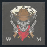Dead Mans Hand Playing Cards Cowboy Skull Monogram Stone Coaster<br><div class="desc">Cool aces N eights dead man's hand cowboy skull design on quality drink coaster. Put your monogram in the lower corners. Background colour can be changed.</div>