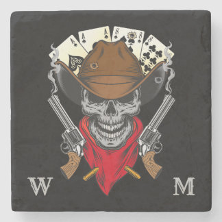 Dead Mans Hand Playing Cards Cowboy Skull Monogram Stone Coaster