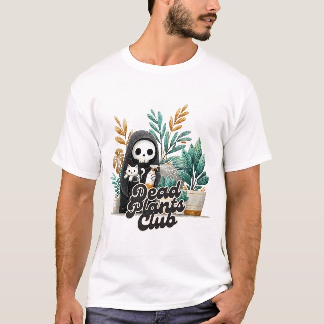 Dead Plants Club Cute Skeleton Cat Plant Care T-Sh T-Shirt (Front)
