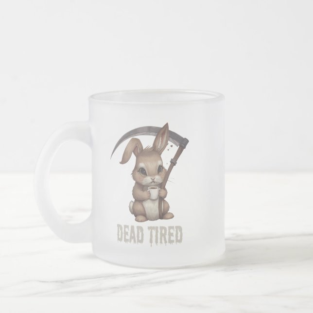Dead Tired Cute Bunny Grim Reaper Coffee Frosted Glass Coffee Mug (Left)