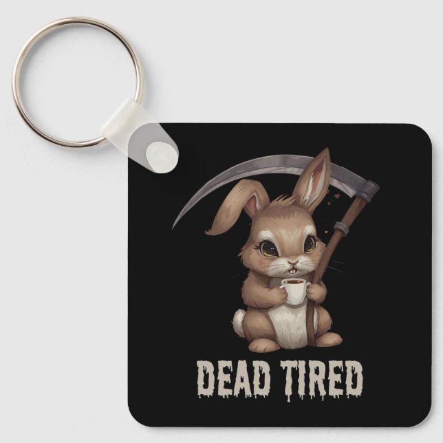 Dead Tired Cute Bunny Grim Reaper Coffee Key Ring (Front)