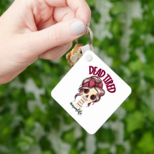 Dead Tired Mum Life Skeleton Messy Bun Bandanna Key Ring