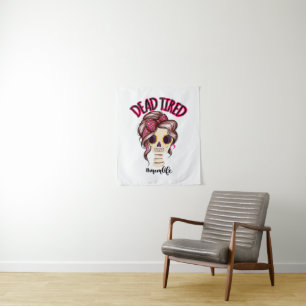 Dead Tired Mum Life Skeleton Messy Bun Bandanna Tapestry