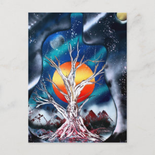 Dead tree red mountains yellow planet space postcard