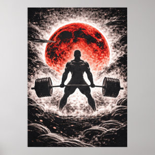 Deadlift in Red Moon - Japanese Bodybuilding Art Poster
