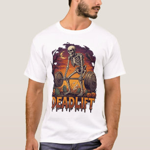 Deadlift Skeleton Barbell Halloween Pumpkins Grave T-Shirt
