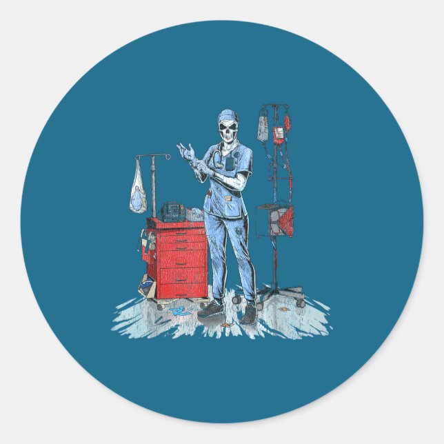 Deadside Nurse Blue Scrubs Funny Skeleton Doctor M Classic Round Sticker (Front)