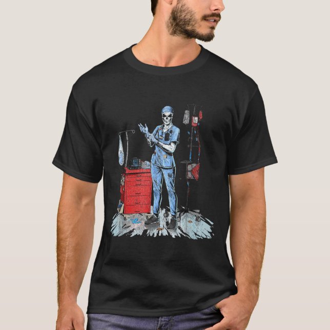 Deadside Nurse Blue Scrubs Funny Skeleton Doctor M T-Shirt (Front)