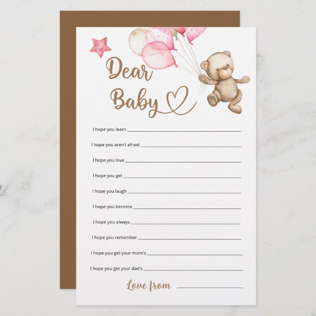 Dear baby teddy bear baby shower game (Front/Back)