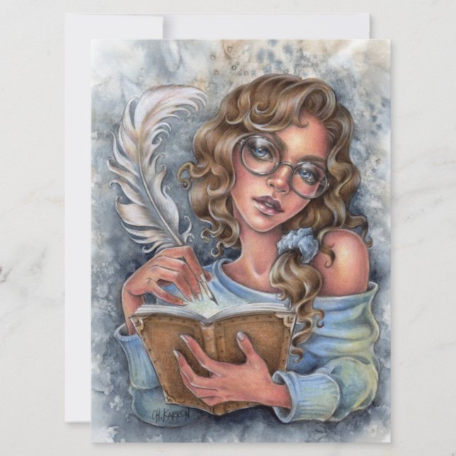 Dear Diary Female Writer Feather Pen Book Art Card (Front)