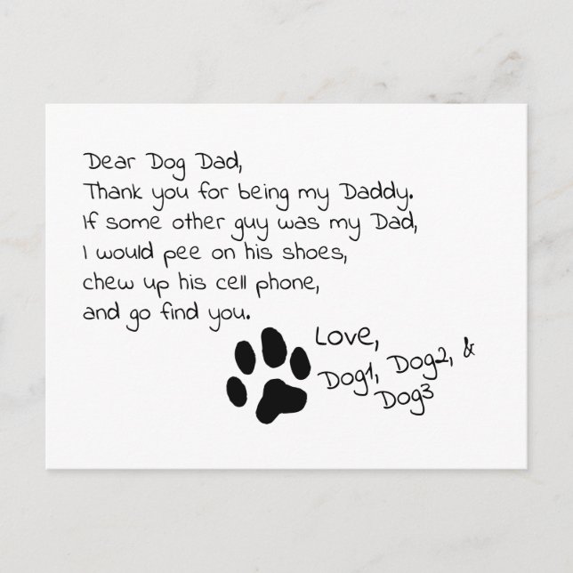 Dear Dog Dad Mum Customisable Pet Name Post Card (Front)