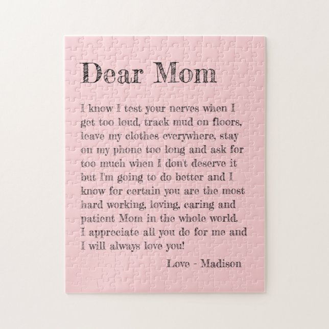 Dear Mum Mothers Day Letter Fun Pink Typography Jigsaw Puzzle (Vertical)