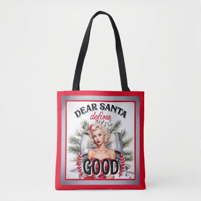 Dear Santa Define Good Retro Pinup Tote Bag (Front)