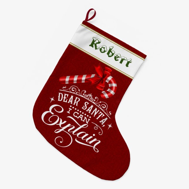 Dear Santa I can Explain Candy Cane Monogram Large Christmas Stocking (Front (Hanging))