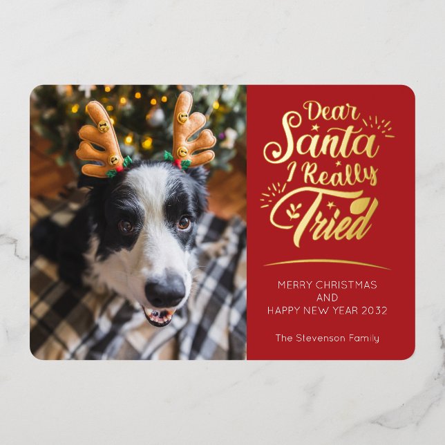 Dear Santa I tried dog 3 photos fun Christmas Foil Holiday Card (Front)