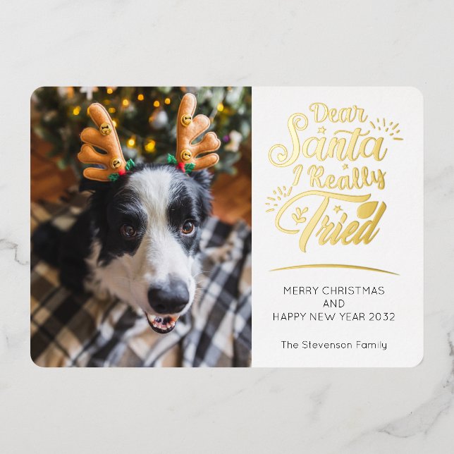 Dear Santa I tried dog photo fun Christmas gold Foil Holiday Card (Front)