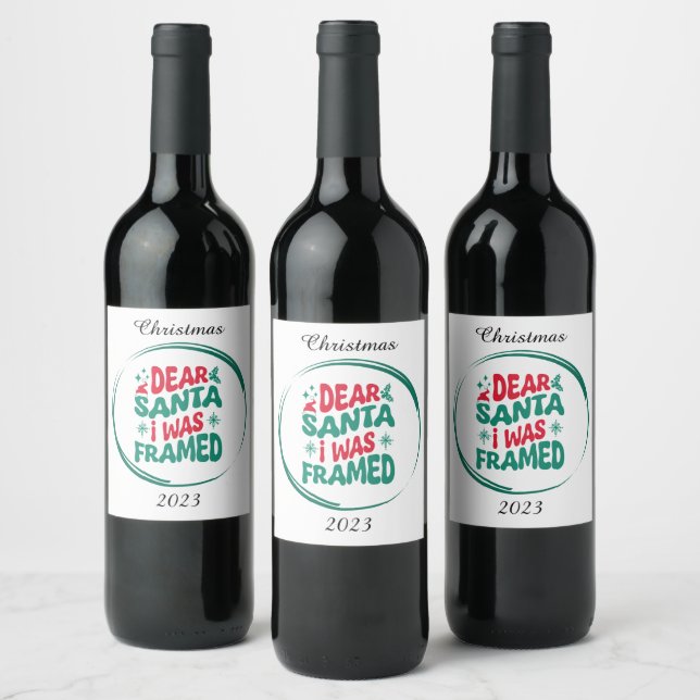 Dear Santa I Was Framed Green and Red Wine Label (Bottles)