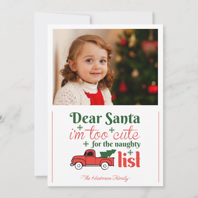 Dear Santa Naughty List One Photo Christmas Holiday Card (Front)