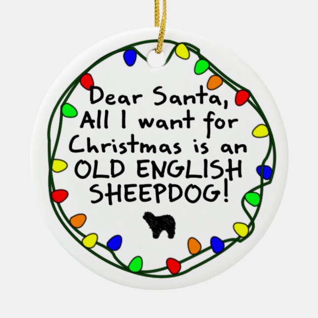 Dear Santa Old English Sheepdog Ceramic Tree Decoration (Front)