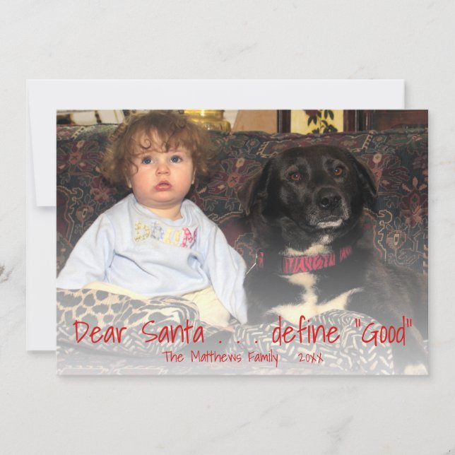 Dear Santa Red Funny Christmas Define Good Photo Holiday Card (Front)