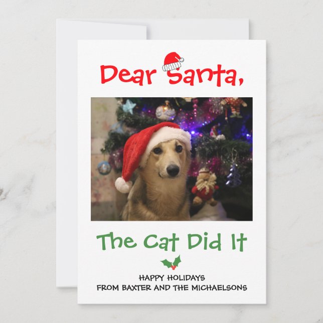 Dear Santa, The Cat Did It Funny Pet Photo Holiday Card (Front)