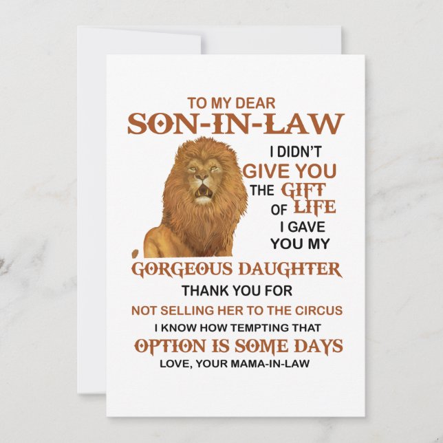 Dear Son-In-Law I Gave You My Gorgeous Daughter Thank You Card (Front)
