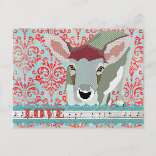 Dearly Deer Red & Turqoise Love Damask Postcard