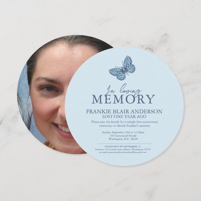 Death Anniversary blue white butterfly photo round Invitation (Front/Back)