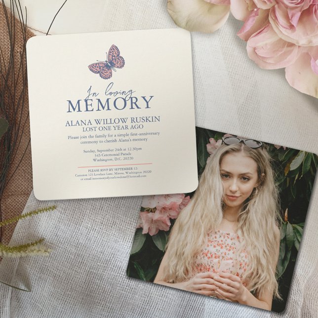 Death Anniversary coral cream butterfly photo Invitation (Creator Uploaded)