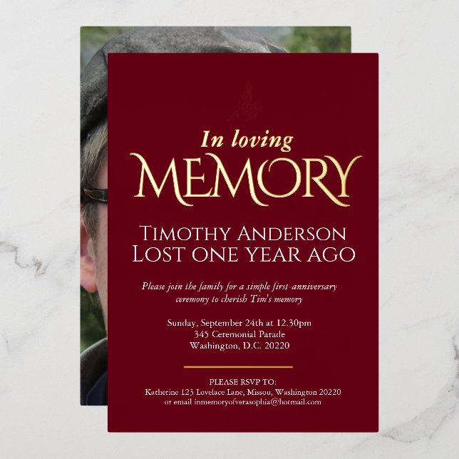 Death Anniversary dove photo dark red foil (Front/Back)