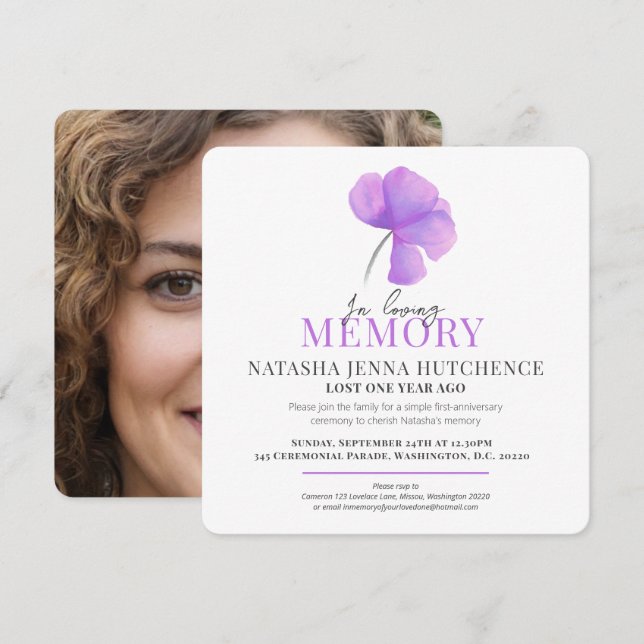 Death Anniversary purple watercolor flower photo Invitation (Front/Back)