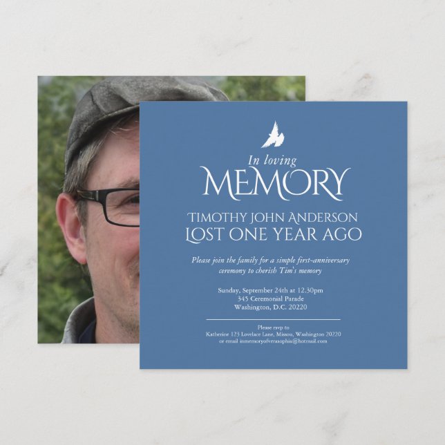 Death Anniversary white dove blue white photo Invitation (Front/Back)