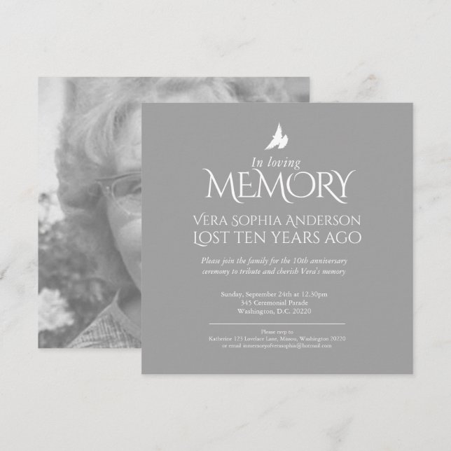 Death Anniversary white dove grey white photo Invitation (Front/Back)