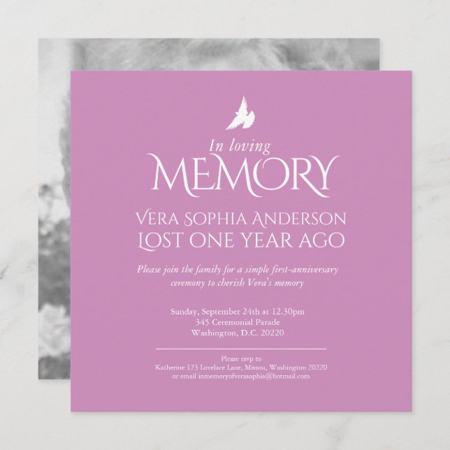 Death Anniversary white dove pink white photo Invitation (Front/Back)
