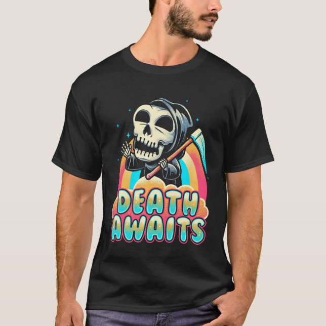 Death Awaits Grim Reaper Scythe Rainbow T-Shirt (Front)