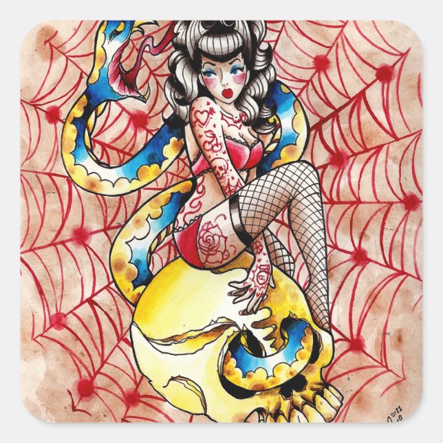 Death Becomes Her Pin Up Girl Tattoo Flash Square Sticker (Front)