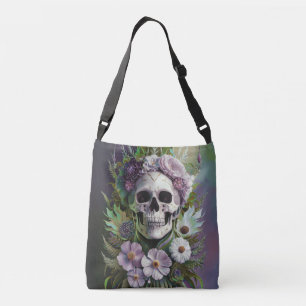 Death by Lilac, Purple Flowers and Gothic Skull  Crossbody Bag